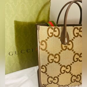 Authentic Gucci JUMBO GG Tote Bag with the signature Green and Red Gucci Strap